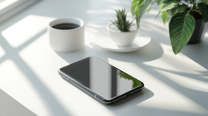 A minimalistic workspace with a smartphone, coffee, and a plant.