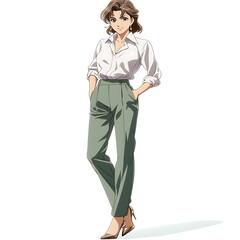 Anime middle-aged woman in tailored cropped trousers on a white background.