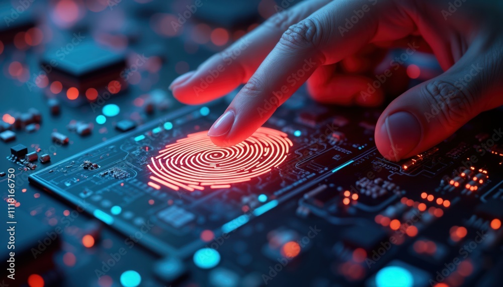 Poster Person touches glowing fingerprint scanner on tech board. Biometric authentication in progress. Advanced future tech concept for security. Modern digital security system. Futuristic tech