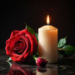 A Burning Red Candle with a Warm Flame and Solitary Rose
