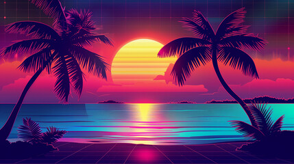 A scene inspired by the 80s, featuring neon palm trees, gridlines, and a setting sun over a serene beach, all in vivid, contrasting colors.