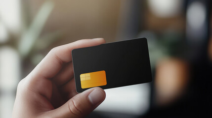 Hand holding a sleek black credit card with an orange chip against a blurred background of indoor plants and soft natural light