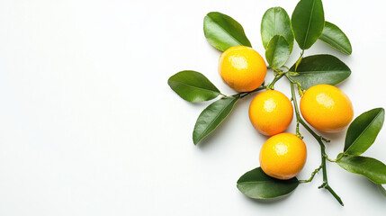 Fresh citrus fruits with glossy green leaves on a white background, showcasing vibrant colors and natural textures.