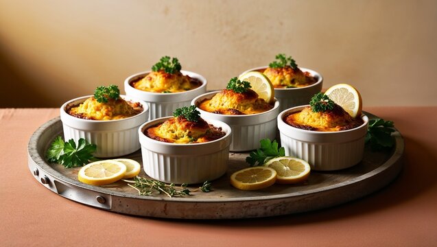 Golden brown boboti in white molds with a herbal side dish on a rustic tray