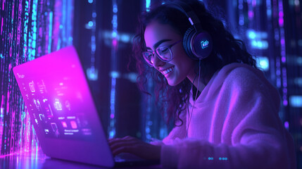 A person wearing headphones and smiling as they interact with a conversational AI assistant on a laptop, illuminated by soft, futuristic lighting