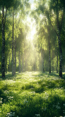 Sunlit birch forest path.