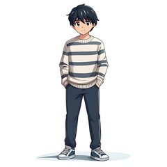 Fototapeta premium Anime teenage boy in a striped sweater with joggers on a white background.