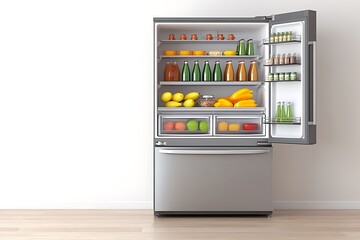 Stainless Steel Refrigerator Filled With Groceries and Produce
