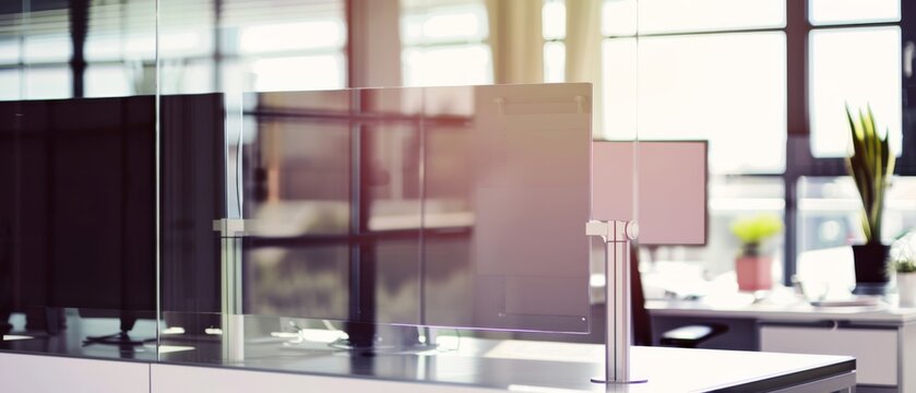 Sunlit office space with large windows and modular desks, exuding a warm, welcoming atmosphere ideal for innovation.