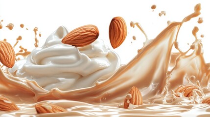 Fresh, Natural Almond Milk Splash with Swirls and Whole Almonds, Healthy Food Concept