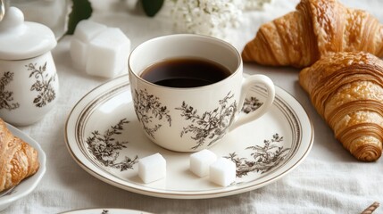 Fototapeta premium Peaceful Breakfast Setting with Coffee and Croissants