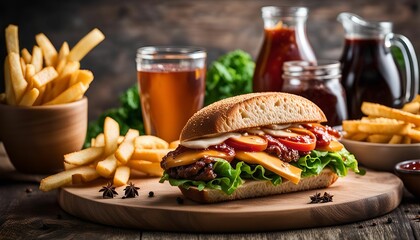 Delicious Burger on Rustic Tabletop