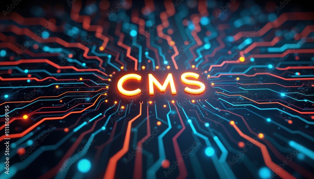 Poster Digital circuit board concept shows content management system. Abstract tech design. Modern tech illustration. Web tech concept. CMS software. Website development. Digital technology concept. Modern