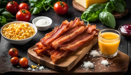 Delicious Crispy Bacon on a Wooden Cutting Board with Side Dishes