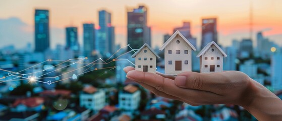Hand holding miniature houses against a city skyline, representing real estate growth and investment.