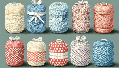 Ten spools of yarn in various colors and textures.
