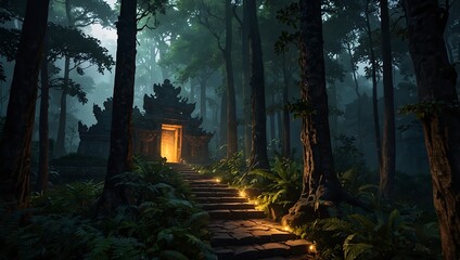 Fototapeta premium Enchanted Ascent: The Mystical Stairs of the Ancient Temple