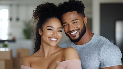 Obraz premium Young couple standing in their new living room, surrounded by moving boxes, smiling with excitement