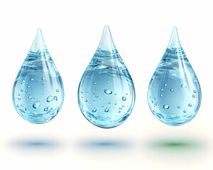Three realistic water drops isolated on white background.