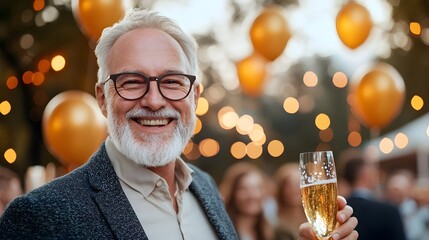 Group of retirees laughing and toasting at a cheerful celebration with balloons and confetti