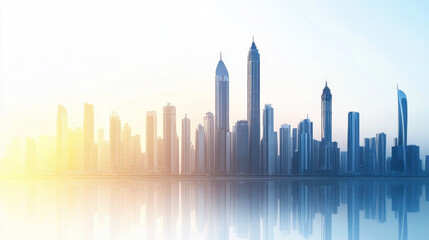 Obraz premium Panoramic view of a modern city skyline with skyscrapers reflected in calm water, illuminated by soft sunrise light transitioning from warm yellow to cool blue tones.