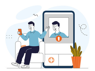 Man uploading image. Young guy with smartphone takes selfie. Popular blogger creates content for social networks. Picture and photo. Linear vector illustration