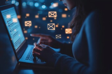 Fototapeta premium Woman working on laptop at night, glowing email icons around her, focus on hands typing. Perfect for technology or communication concepts.