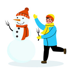 Happy boy makes a snowman on the street. Winter games in the fresh air. Vector illustration isolated on white background.