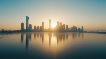 Fototapeta premium Oszałamiająca panorama miasta o wschodzie słońca z odbiciami na spokojnej wodzie, oddająca pogodną i pełną spokoju atmosferę poranka.