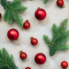 Christmas background with fir branches and decorations. with Closeup View.