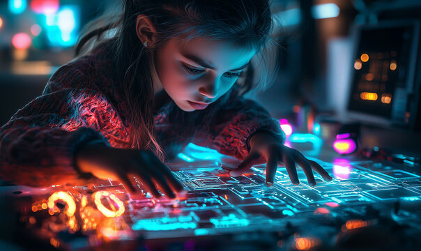 A young girl learning on  mathematical equations and diagrams, embodying curiosity and learning. back to school and STEM education concept