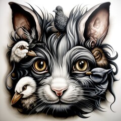 Fototapeta premium Mysterious feline face adorned with whimsical birds in an enchanting, artistic display
