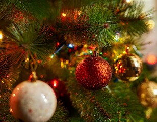 Christmas background with fir branches and decorations. with Closeup View.