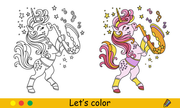 Kids coloring with color template unicorn plays the saxophone