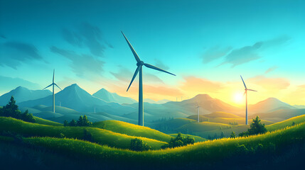 Wind turbines on green hills at sunset.