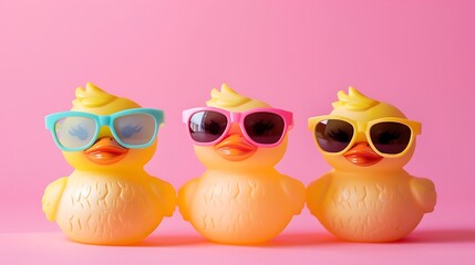 Fototapeta premium Three sunglasses wearing toys are isolated on a pink studio backdrop