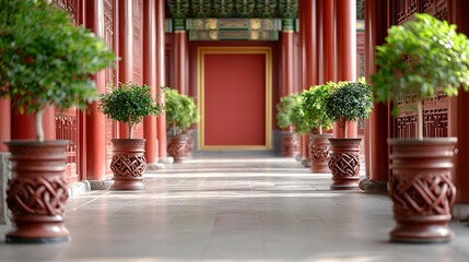 Chinese New year backdrop concept. A serene corridor lined with potted plants and ornate red pillars, leading to a closed door, showcasing traditional architectural beauty.