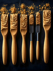 Wooden pastry tools with swirl designs and spice.