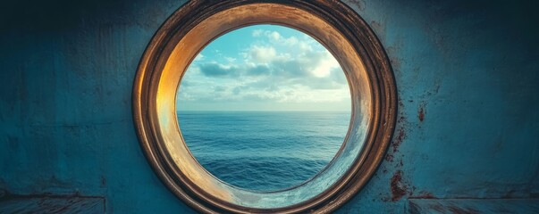 Ocean View Through a Porthole Oval Composition, Blue and Gold Tones, Maritime Concept Seascape, Porthole