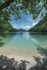 Serene tropical cove with crystal clear water, white sand beach, and lush green foliage.