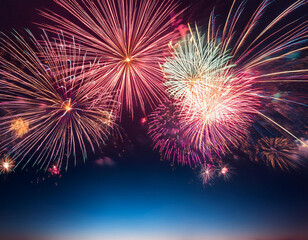 colorful fireworks explosions background in a dark blue sky
