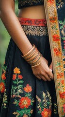A close-up of a woman's hand adorned with bangles, wearing traditional attire.