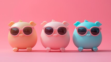 Obraz premium Three sunglasses wearing toys are isolated on a pink studio backdrop