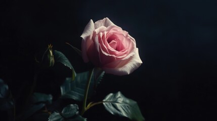 Fototapeta premium Overhead view of a delicate pink rose in full bloom against a deep black background, emphasizing its soft beauty