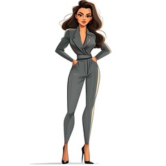 Fototapeta premium Cartoon middle-aged woman in a chic jumpsuit with a waist belt on a white background