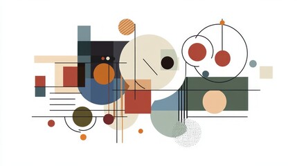 Obraz premium Abstract geometric art with circles, squares, and lines in muted colors on white background.