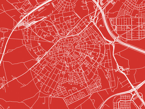 Christmas Map of Mostoles, Spain in Snowy White on Festive Red Background.