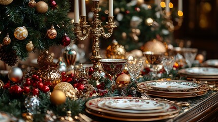 Victorian-style maximalist Christmas dinner featuring ornate candelabras fine china and a festive spread of dishes