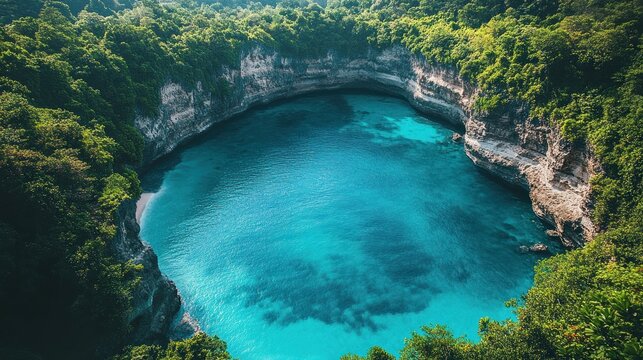 Aerial view of a hidden turquoise lagoon surrounded by lush green cliffs.
