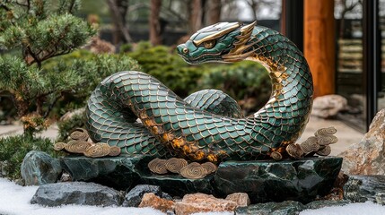 Fototapeta premium Intricate green dragon sculpture in a serene garden setting